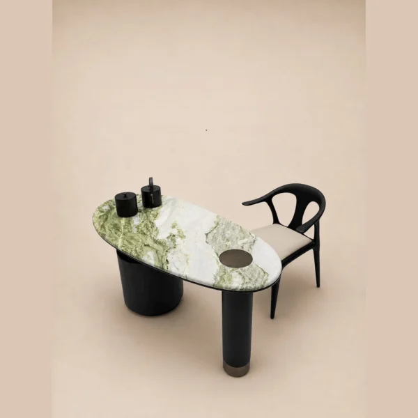 Snow Mountain Jade Stone Small Tea Table on Dark Wood Base in olive — in a room setting