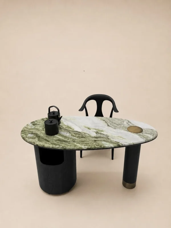 Snow Mountain Jade Stone Small Tea Table on Dark Wood Base in olive — in a room setting
