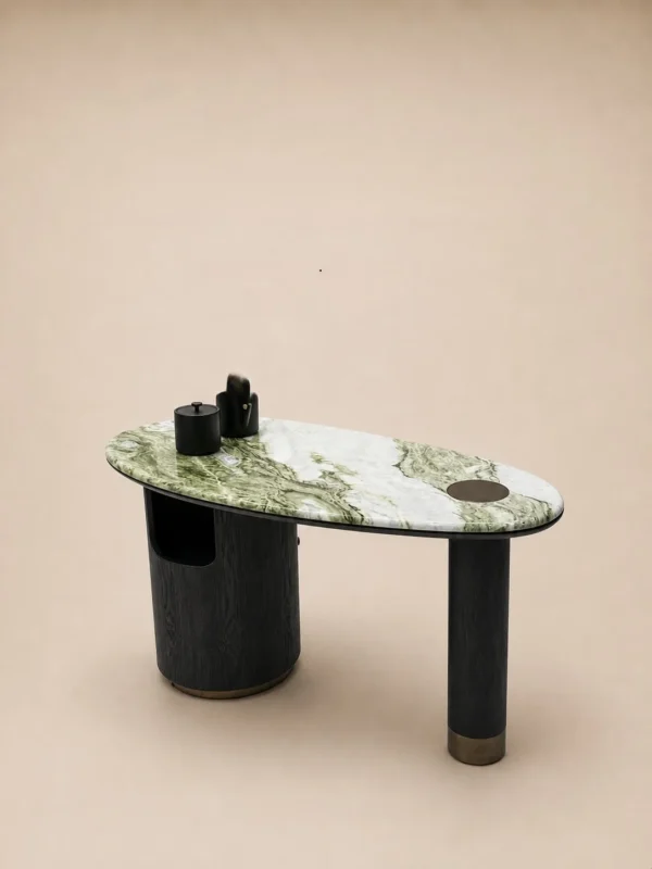 Snow Mountain Jade Stone Small Tea Table on Dark Wood Base in olive — in a room setting