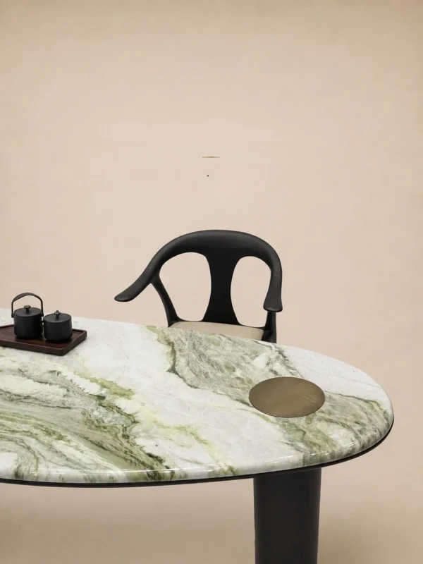 Snow Mountain Jade Stone Small Tea Table on Dark Wood Base in olive — in a room setting