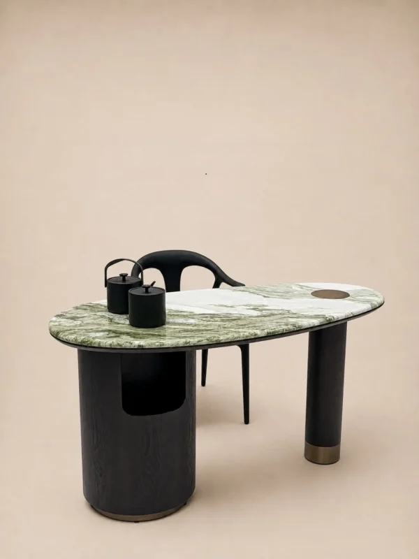 Snow Mountain Jade Stone Small Tea Table on Dark Wood Base in olive — in a room setting