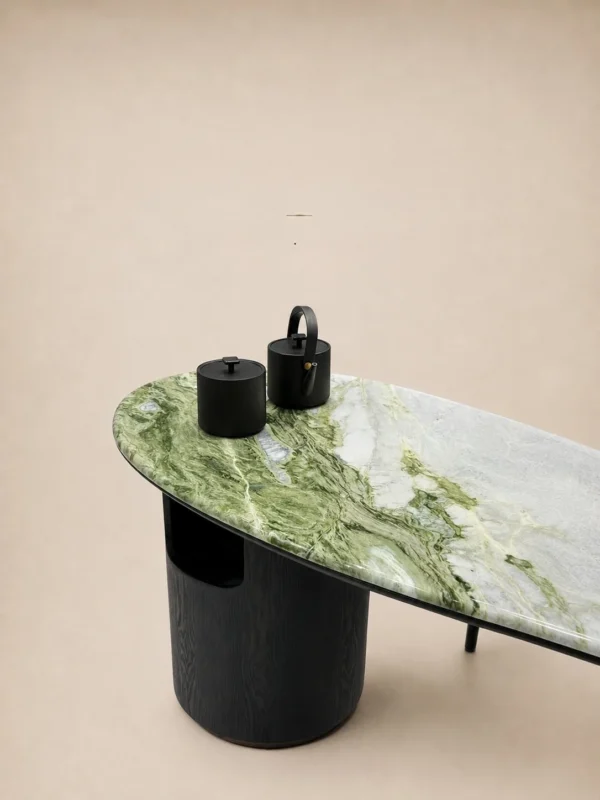 Snow Mountain Jade Stone Small Tea Table on Dark Wood Base in olive — in a room setting