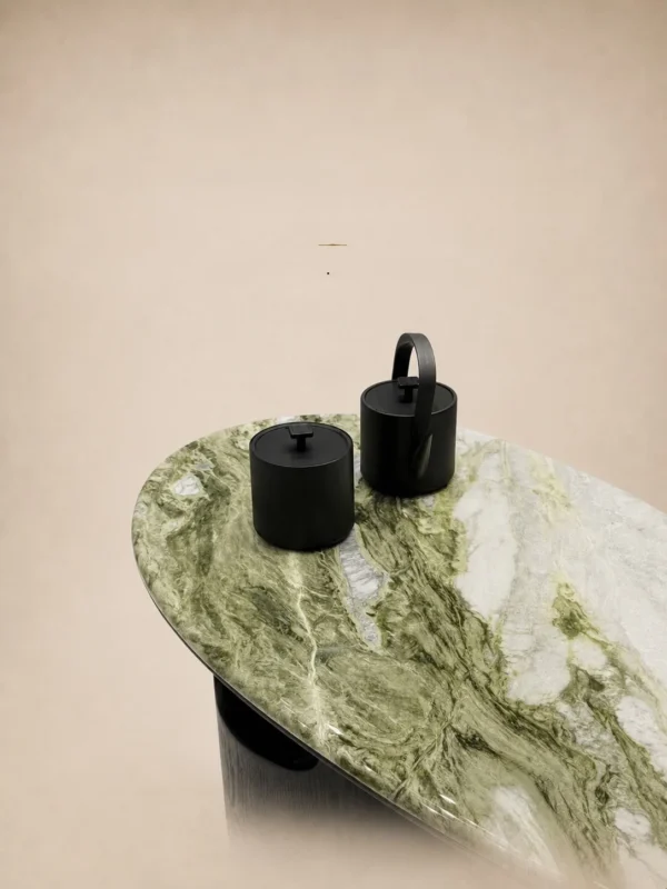 Snow Mountain Jade Stone Small Tea Table on Dark Wood Base in olive — in a room setting