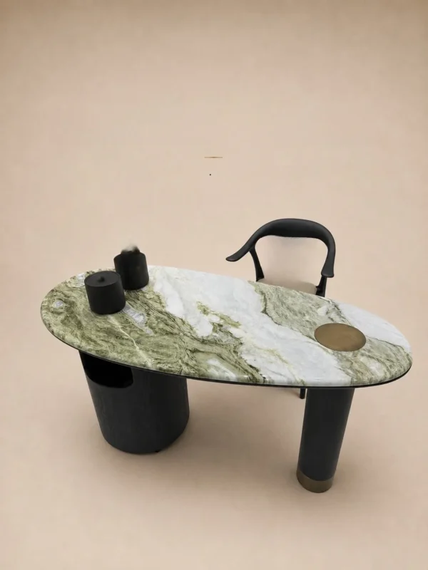Snow Mountain Jade Stone Small Tea Table on Dark Wood Base in olive — in a room setting