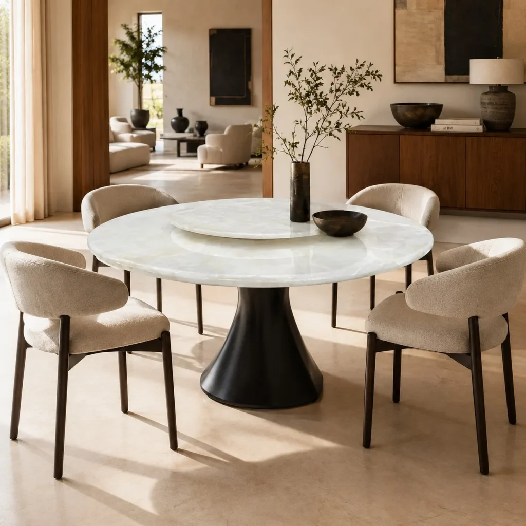 White Crystal Stone Round Dining Table on Black Cone Base in ivory — front view