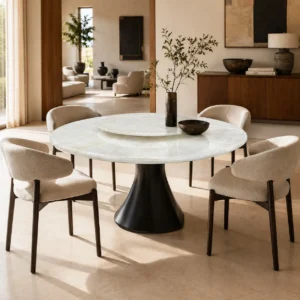 White Crystal Stone Round Dining Table on Black Cone Base in ivory — front view