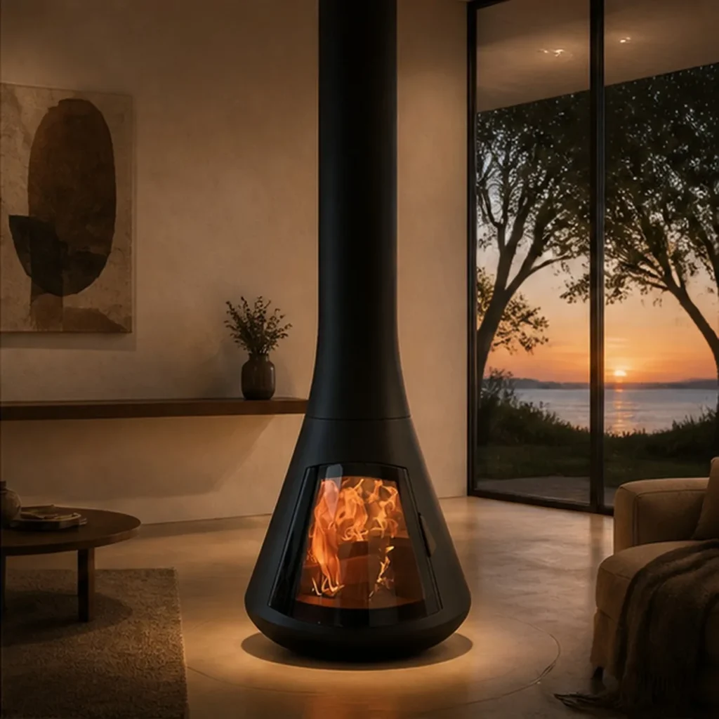 Declan Floor-Standing Cone Fireplace with Glass Window in black — front view