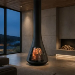 Declan Floor-Standing Cone Fireplace with Glass Window in black — in a room setting