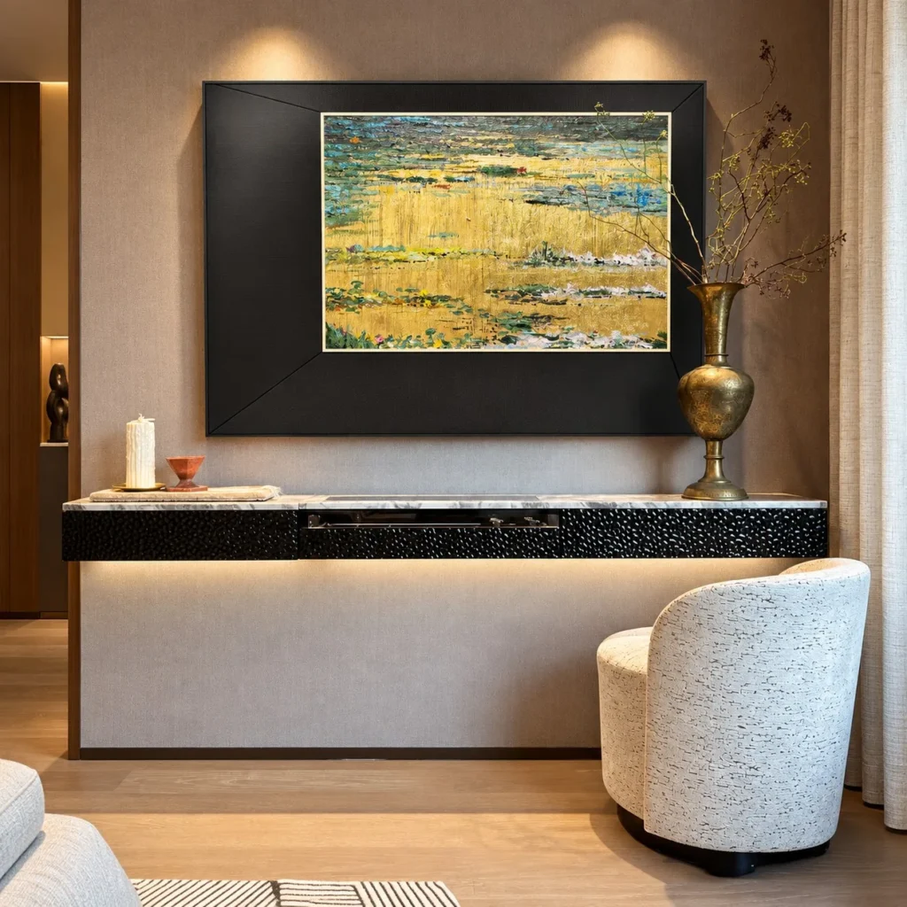 Golden Lily Pond Abstract Wall Art in Wide Black Frame — front view