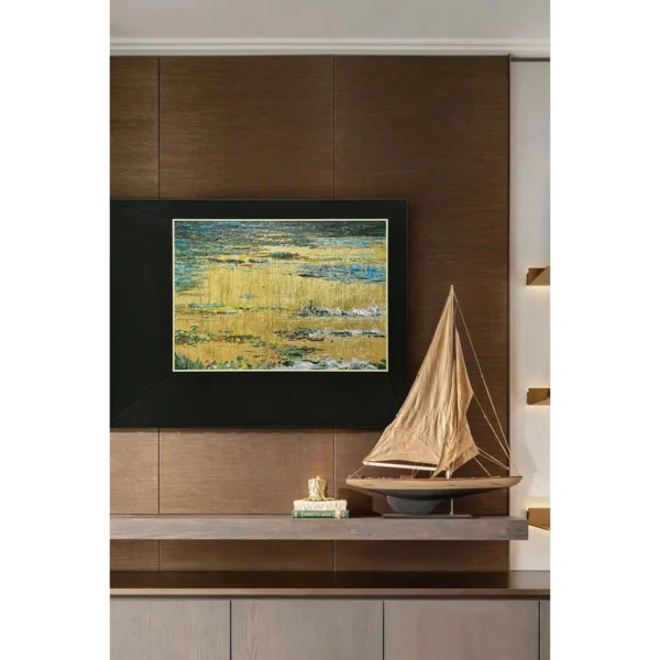 Golden Lily Pond Abstract Wall Art in Wide Black Frame — in a room setting
