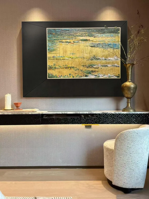Golden Lily Pond Abstract Wall Art in Wide Black Frame — in a room setting