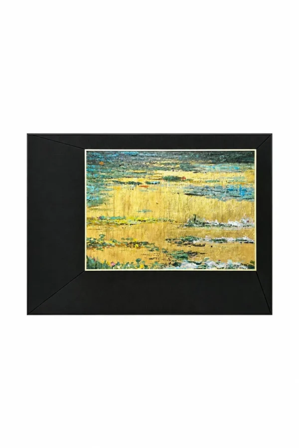Golden Lily Pond Abstract Wall Art in Wide Black Frame — in a room setting