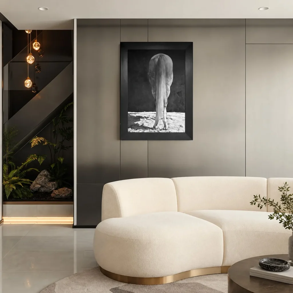 Monochrome Horse Wall Art in Black Frame — front view