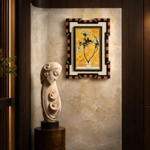 Yellow Botanical Wall Art in Chequered Frame — front view