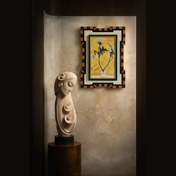 Yellow Botanical Wall Art in Chequered Frame — in a room setting