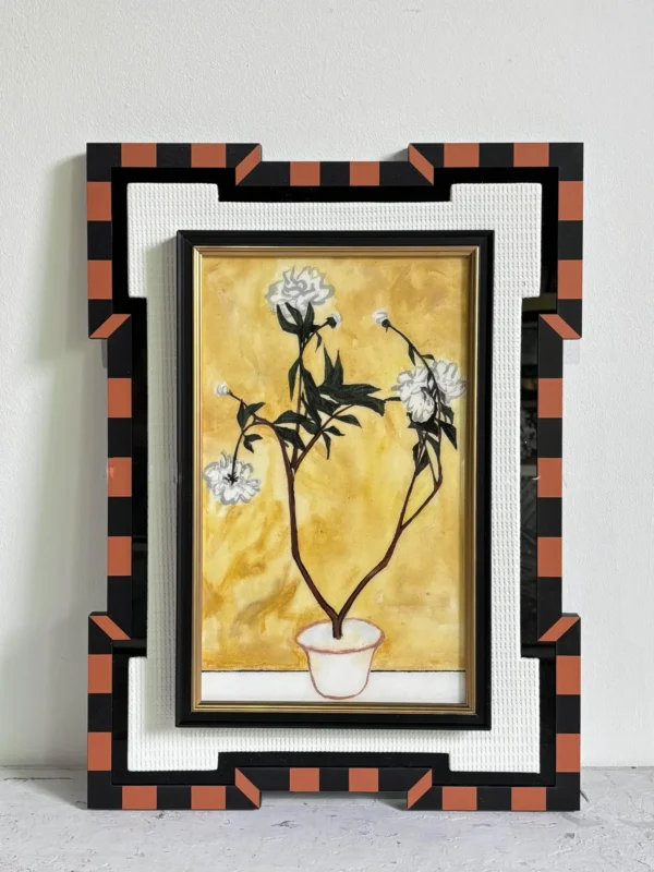 Yellow Botanical Wall Art in Chequered Frame — in a room setting