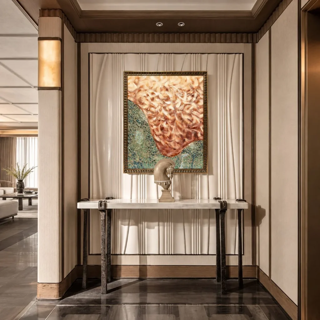 Coral Abstract Wall Art on Teal Ground in Gold Frame — front view