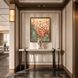 Coral Abstract Wall Art on Teal Ground in Gold Frame — front view