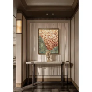 Coral Abstract Wall Art on Teal Ground in Gold Frame — in a room setting