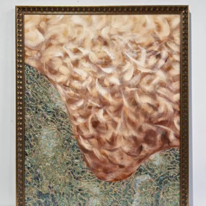Coral Abstract Wall Art on Teal Ground in Gold Frame — in a room setting