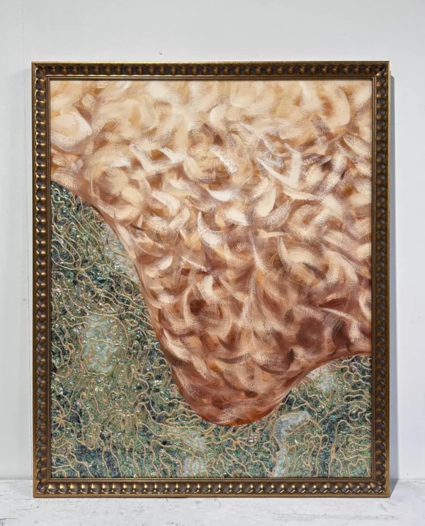 Coral Abstract Wall Art on Teal Ground in Gold Frame — in a room setting