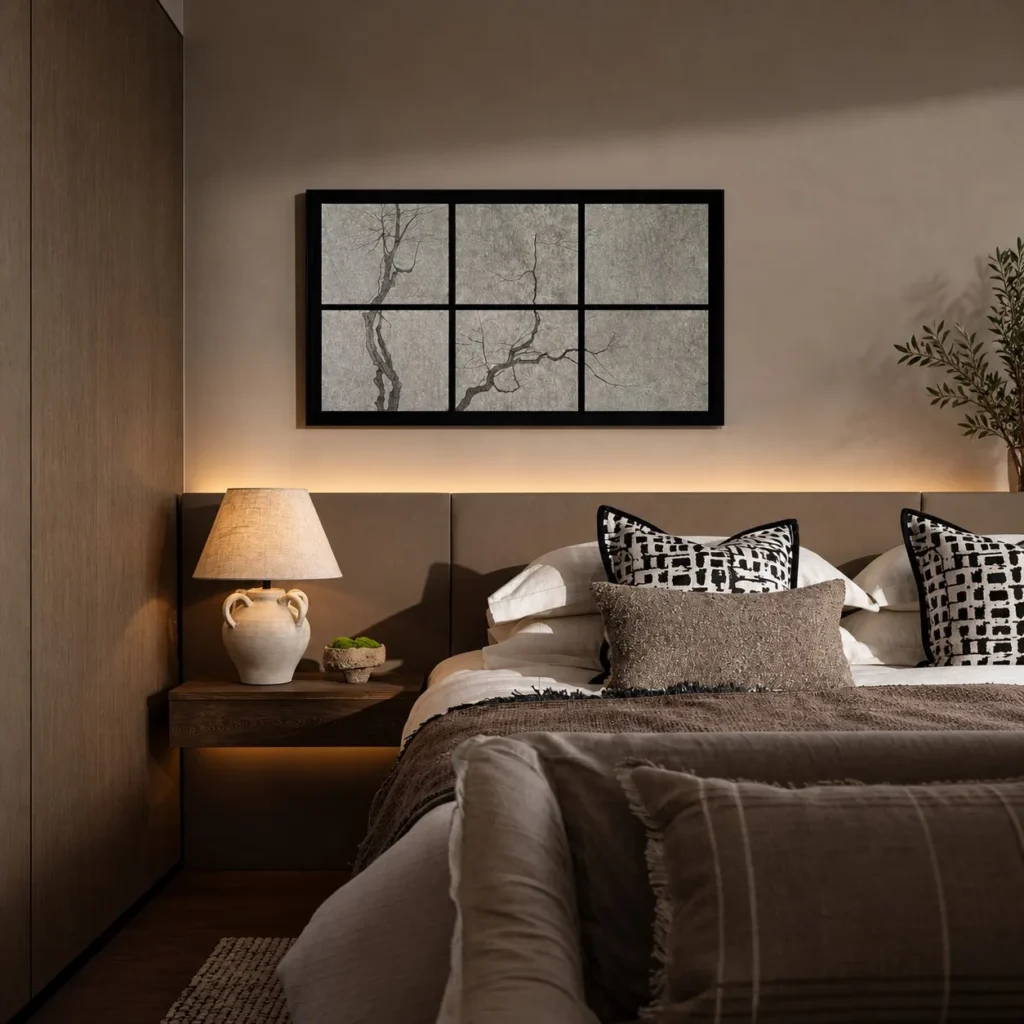 Plum Blossom Grid Wall Art in Black Frame — front view
