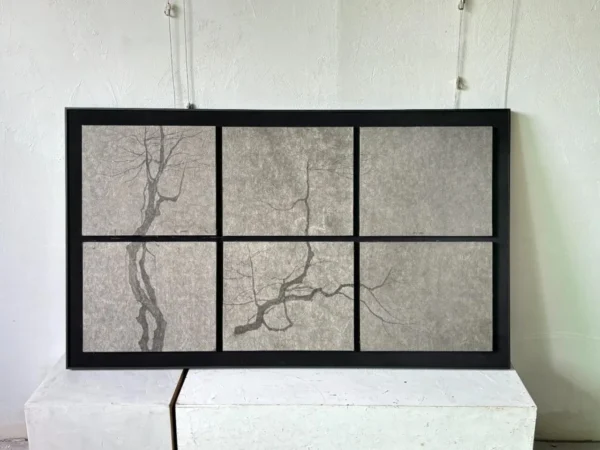 Plum Blossom Grid Wall Art in Black Frame — in a room setting