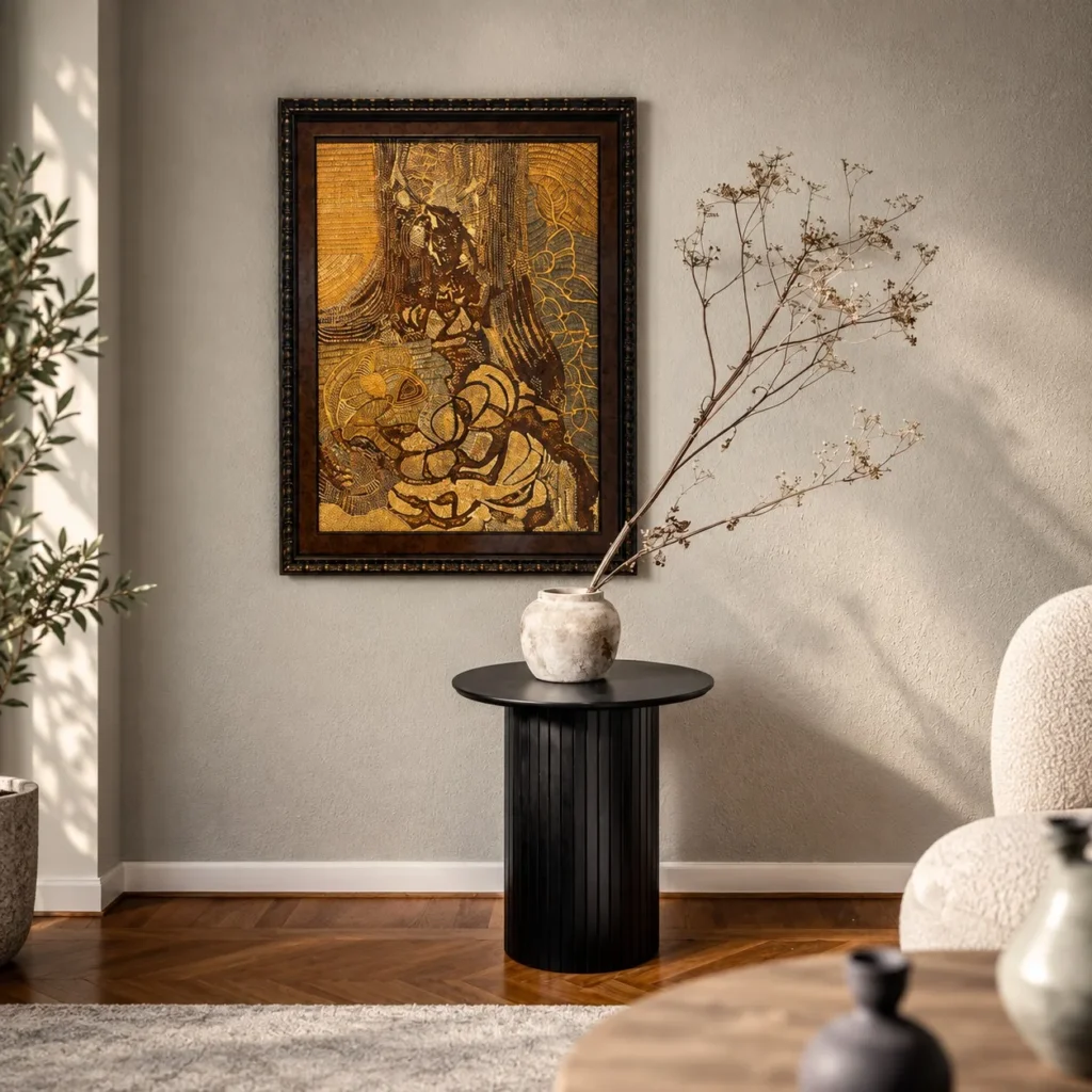Golden Figure Abstract Wall Art in Ornate Dark Frame — front view