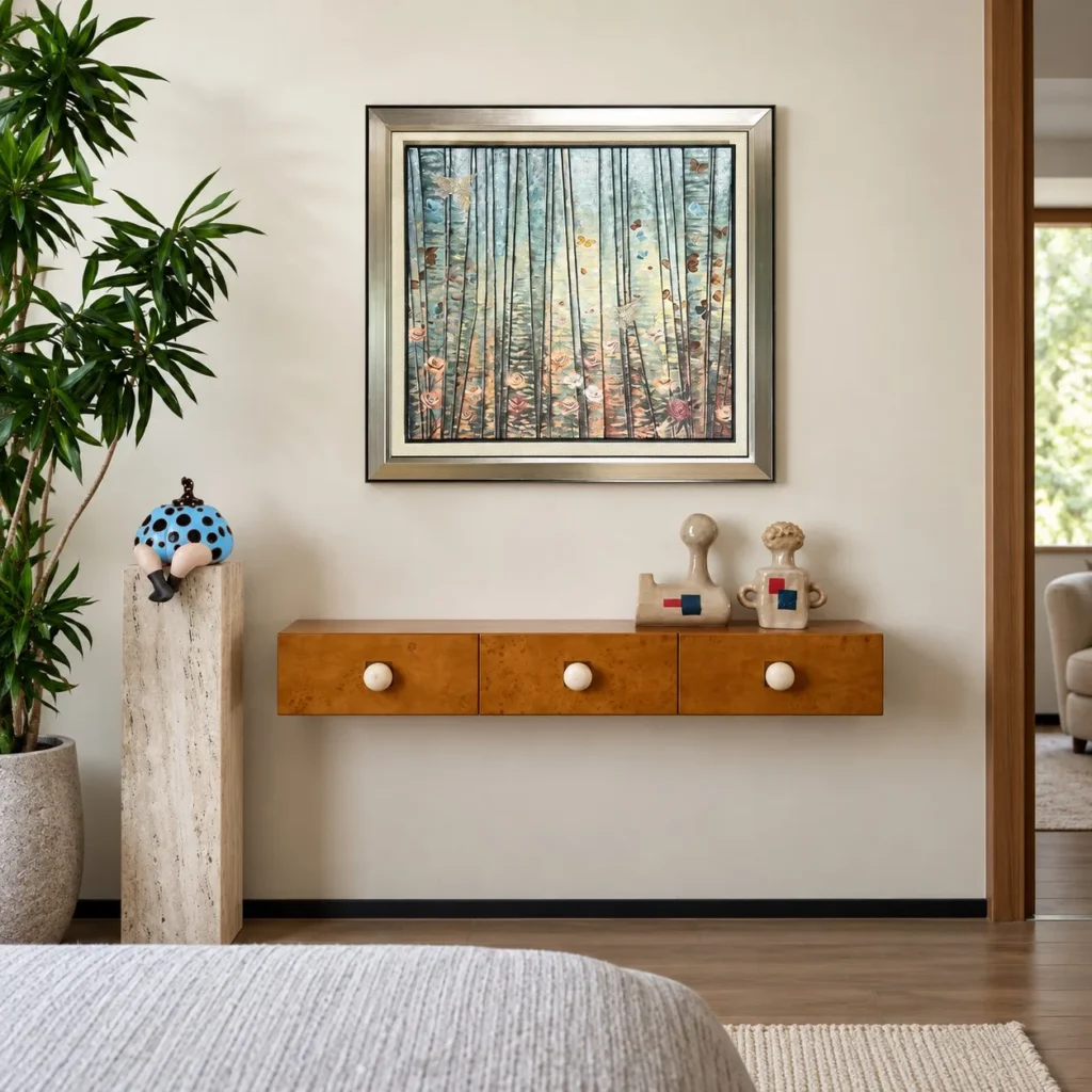 Forest Light Abstract Wall Art in Silver Frame — front view