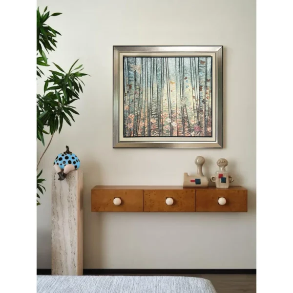 Forest Light Abstract Wall Art in Silver Frame — in a room setting