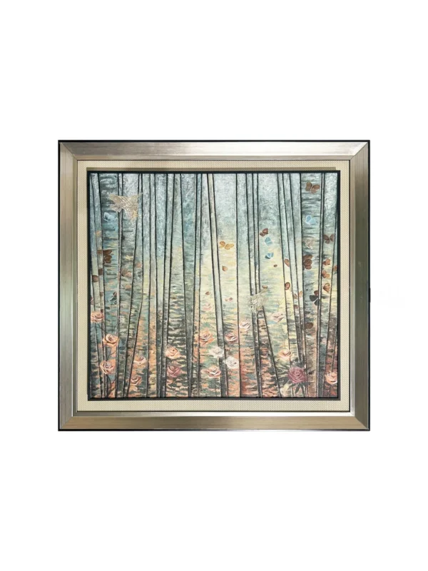 Forest Light Abstract Wall Art in Silver Frame — in a room setting