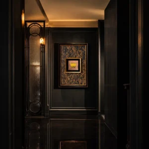 Small Gold Marbled Wall Art in Dark Frame — front view