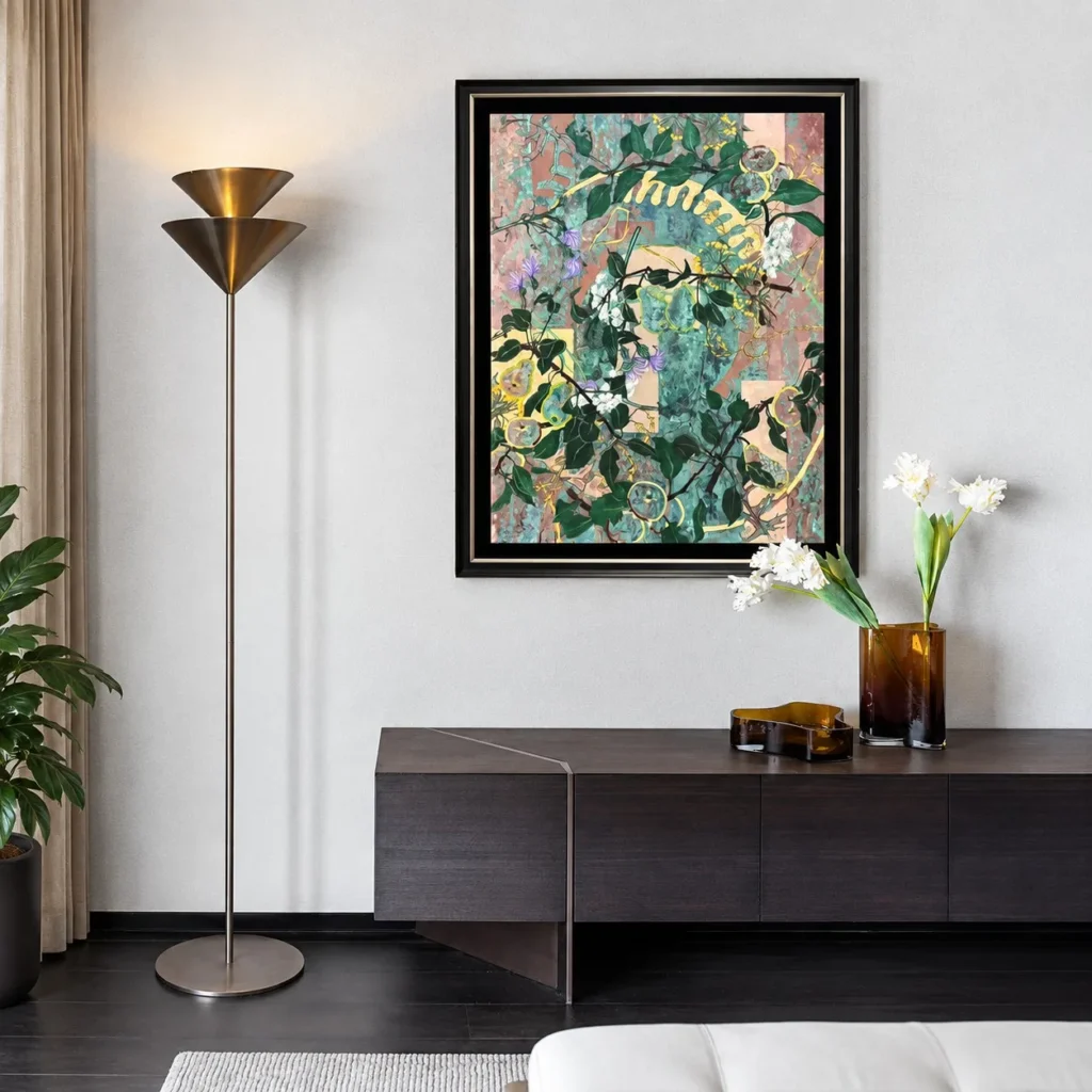 Jasmine Branch Abstract Wall Art in Green and Gold — front view