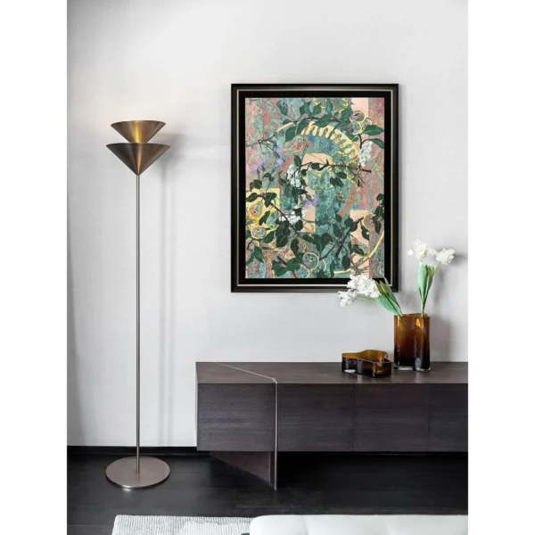 Jasmine Branch Abstract Wall Art in Green and Gold — in a room setting