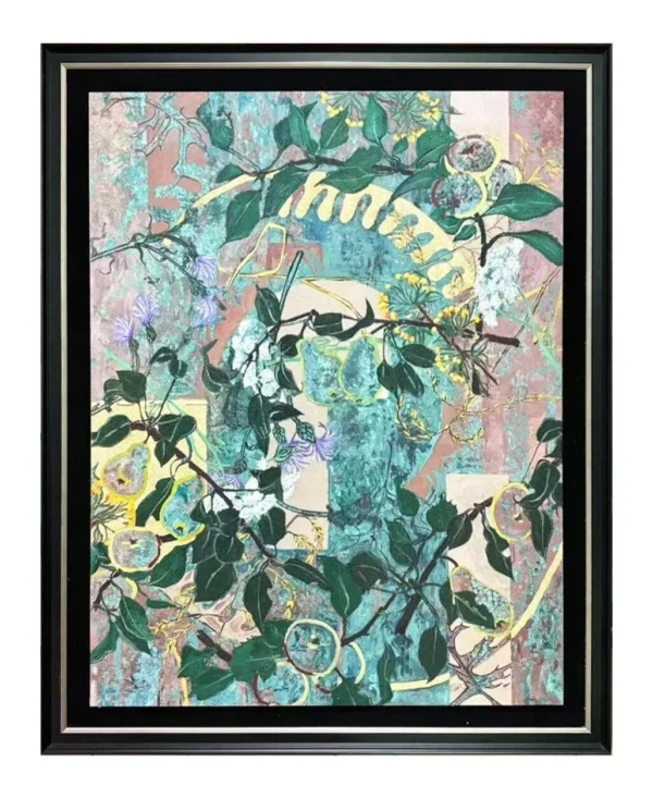 Jasmine Branch Abstract Wall Art in Green and Gold — in a room setting