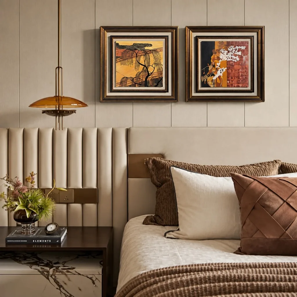 Warm Abstract Landscape Wall Art Set of 2 in Gold Frames — front view