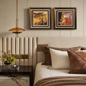 Warm Abstract Landscape Wall Art Set of 2 in Gold Frames — front view