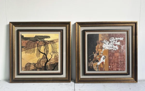Warm Abstract Landscape Wall Art Set of 2 in Gold Frames — in a room setting