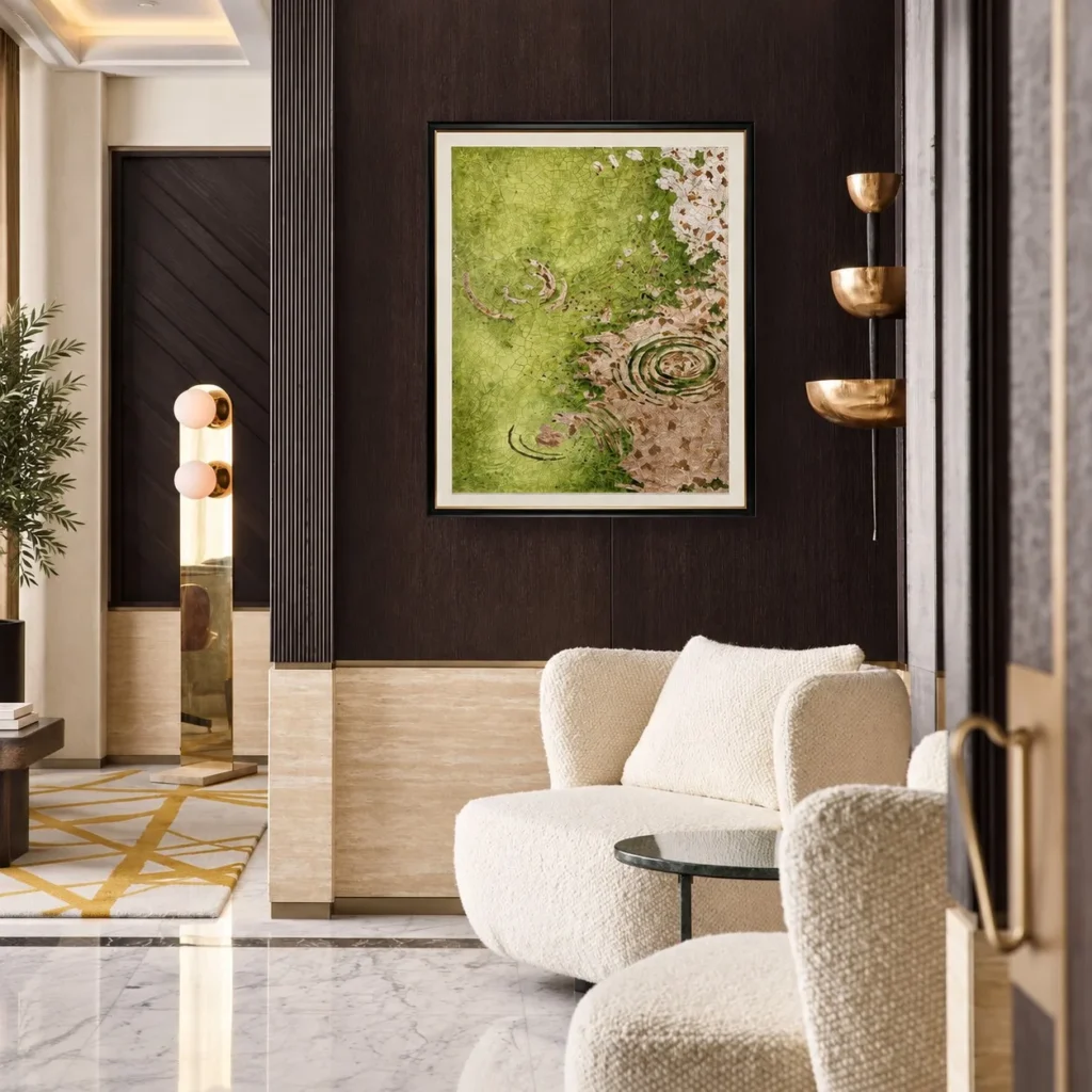Green Moss Abstract Wall Art in Slim Frame — front view