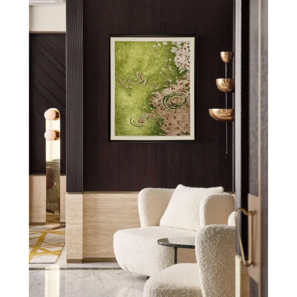 Green Moss Abstract Wall Art in Slim Frame — in a room setting