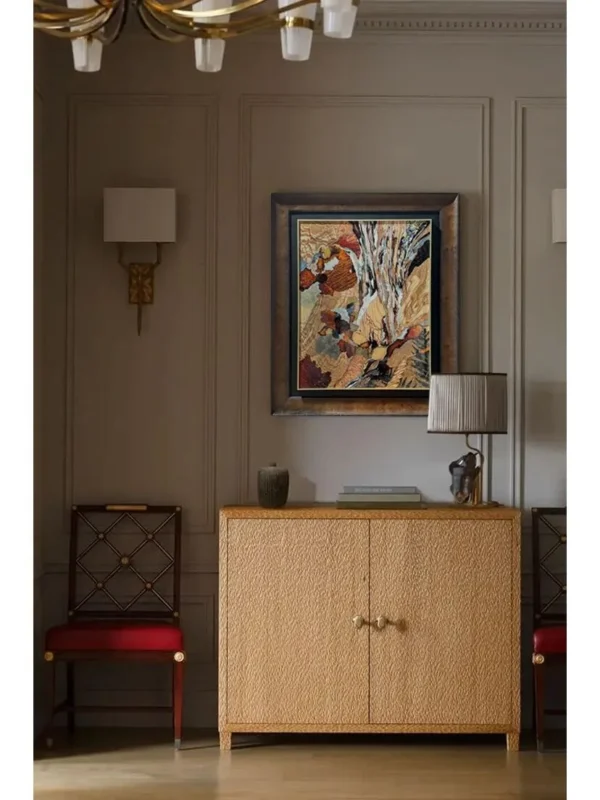Autumn Birch Abstract Wall Art in Gold Frame — in a room setting