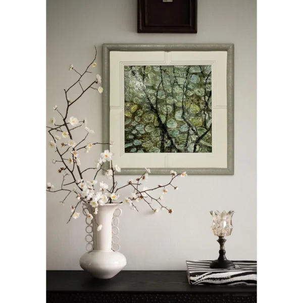 Square Leaf Canopy Wall Art in Cream Panelled Frame — in a room setting