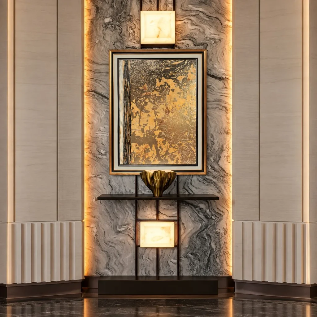 Gilded Landscape Wall Art with Backlit Alabaster Panels in brushed brass — front view
