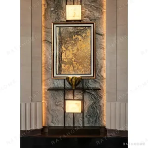 Gilded Landscape Wall Art with Backlit Alabaster Panels in brushed brass — in a room setting