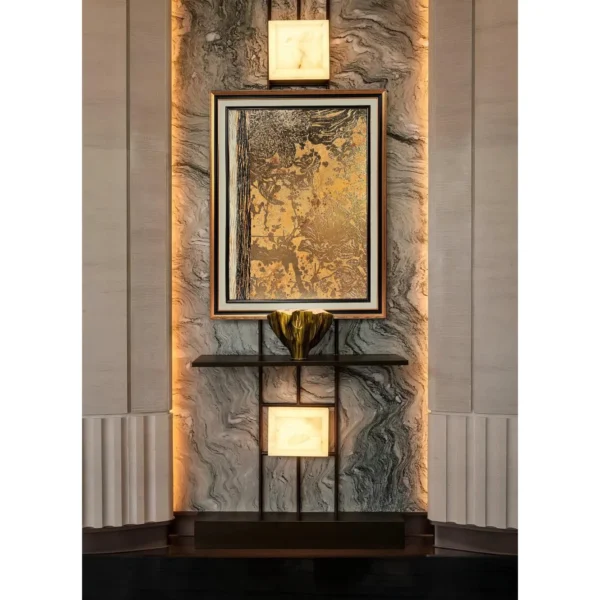 Gilded Landscape Wall Art with Backlit Alabaster Panels in brushed brass — in a room setting