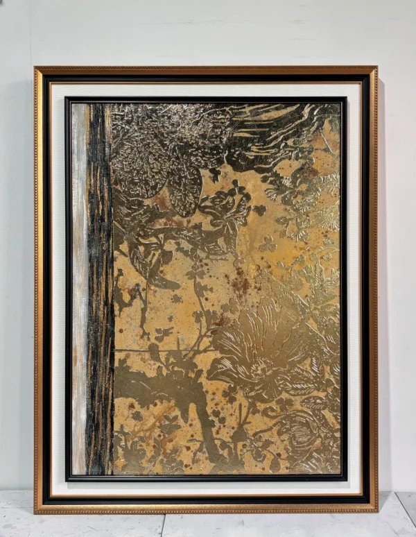 Gilded Landscape Wall Art with Backlit Alabaster Panels in brushed brass — in a room setting