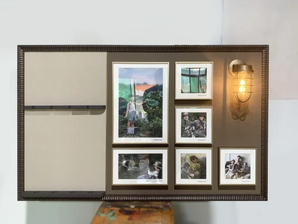 Photo Gallery Wall Art Set with Wooden Frame Board in clay — in a room setting