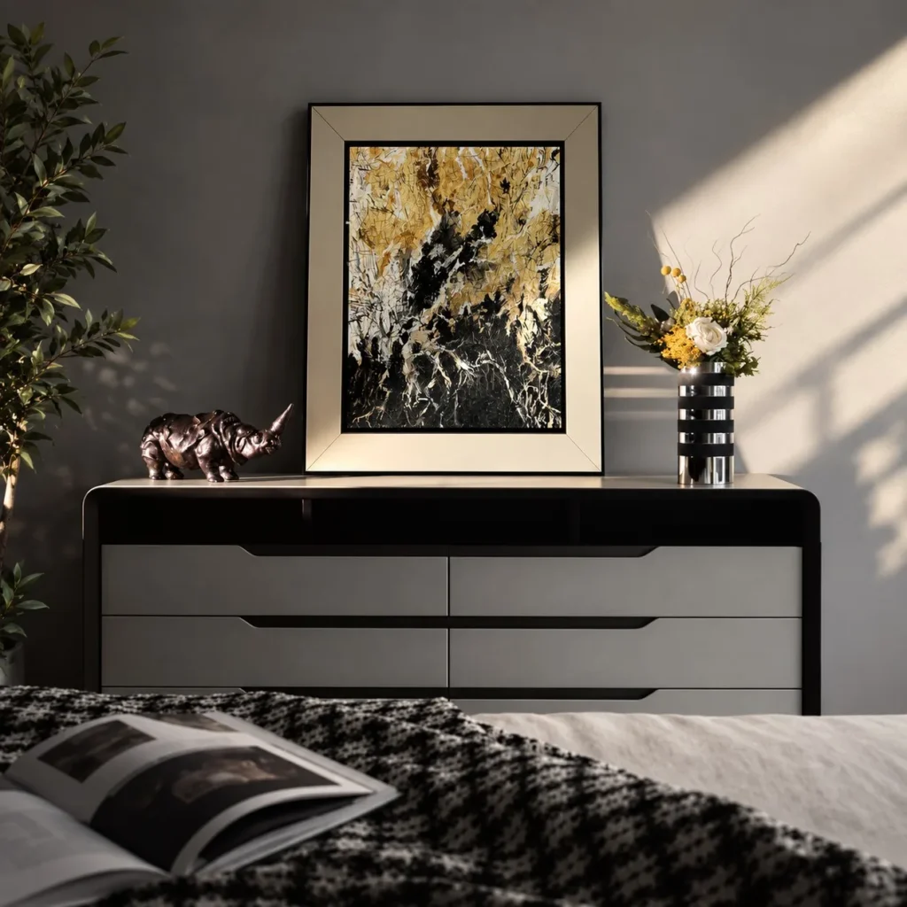Black and Gold Marble Abstract Wall Art in Cream Frame — front view