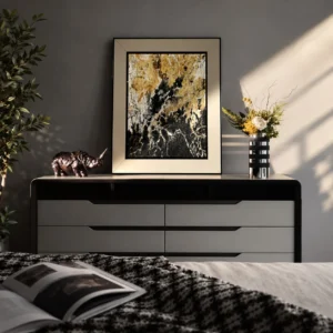 Black and Gold Marble Abstract Wall Art in Cream Frame — front view