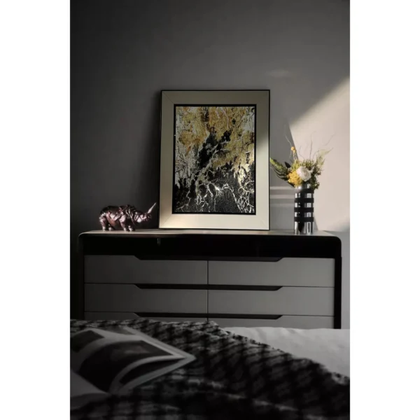 Black and Gold Marble Abstract Wall Art in Cream Frame — in a room setting